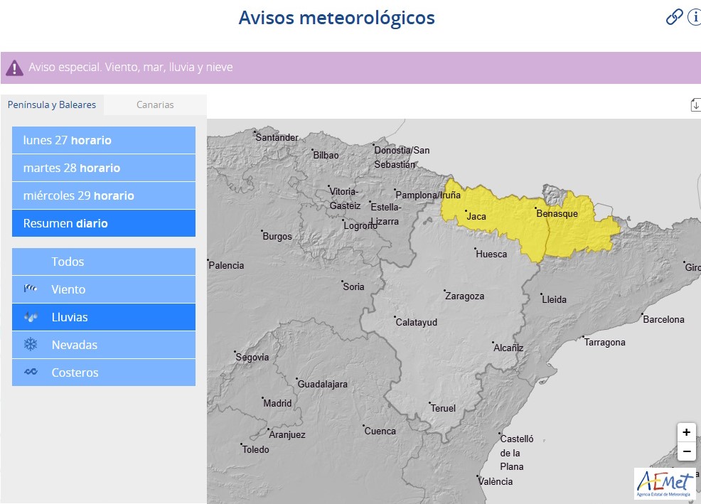 Ante los avisos amarillos de la AEMet por posibles lluvias intensas (de hasta 15 l/m² en 1 hora) en el Pirineo y Prepirineo aragonés, la Confederación Hidrográfica del Ebro intensifica la vigilancia y recuerda la posibilidad de crecidas súbitas importantes de carácter local en barrancos y cauces menores